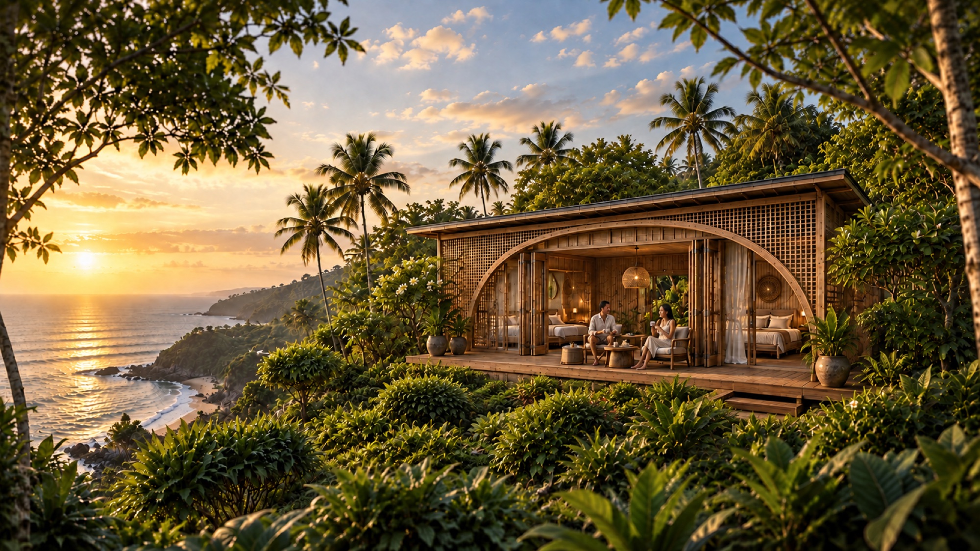 Compact two-bedroom timber hideout with a shared deck among tropical coastal planting at sunset.