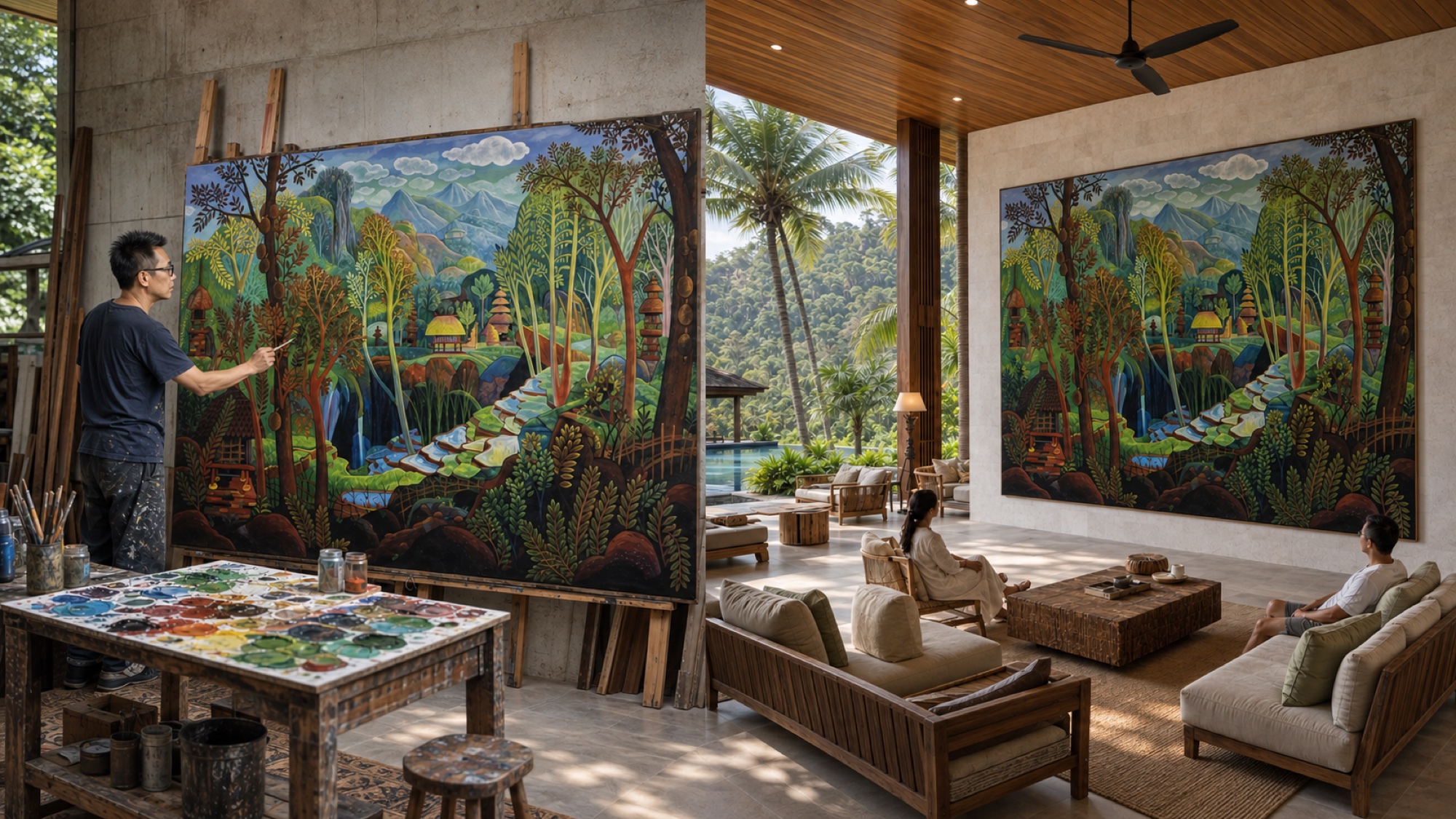 Temporary concept image of a landscape painting in a studio and living space
