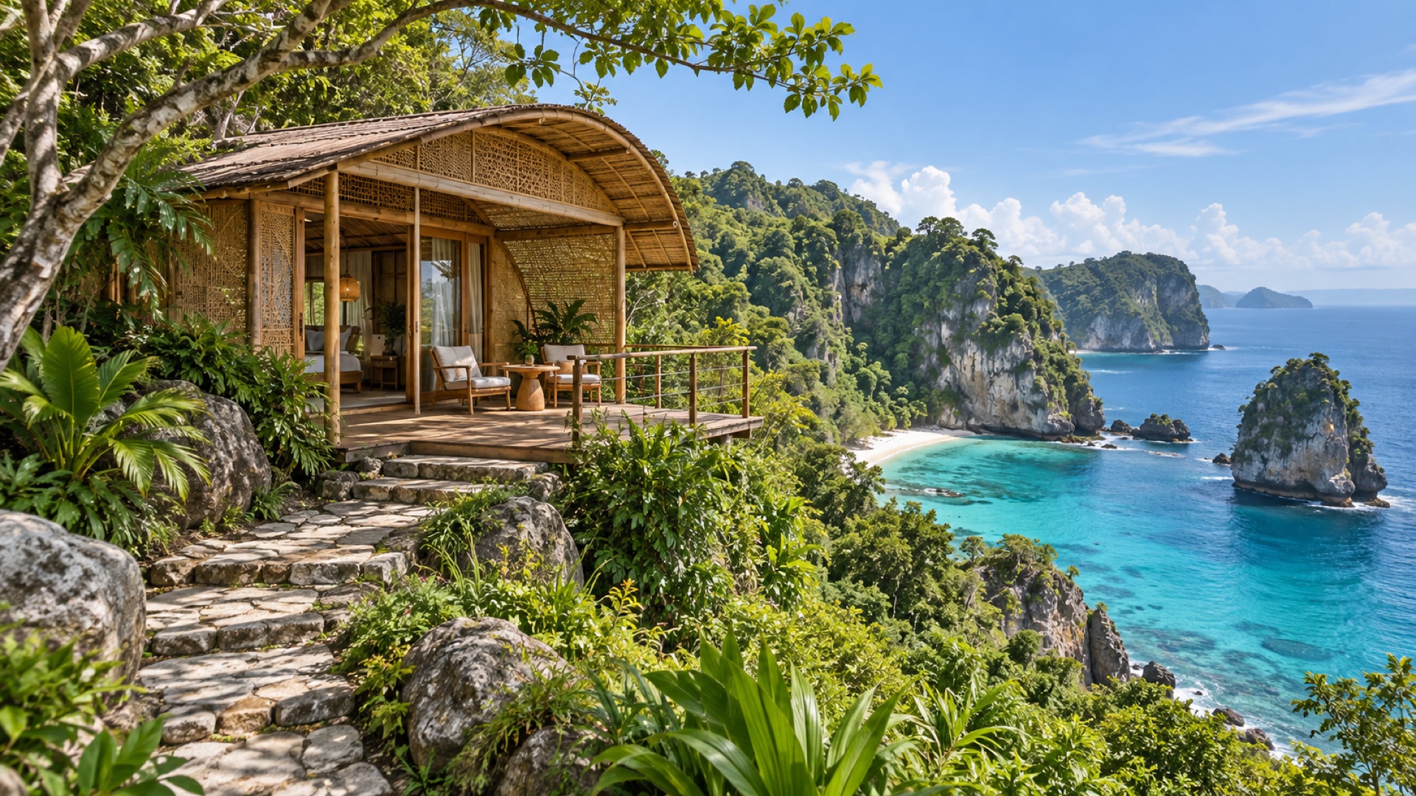 Timber hideout overlooking a lush limestone coastline and turquoise bay — JOEWY concept.