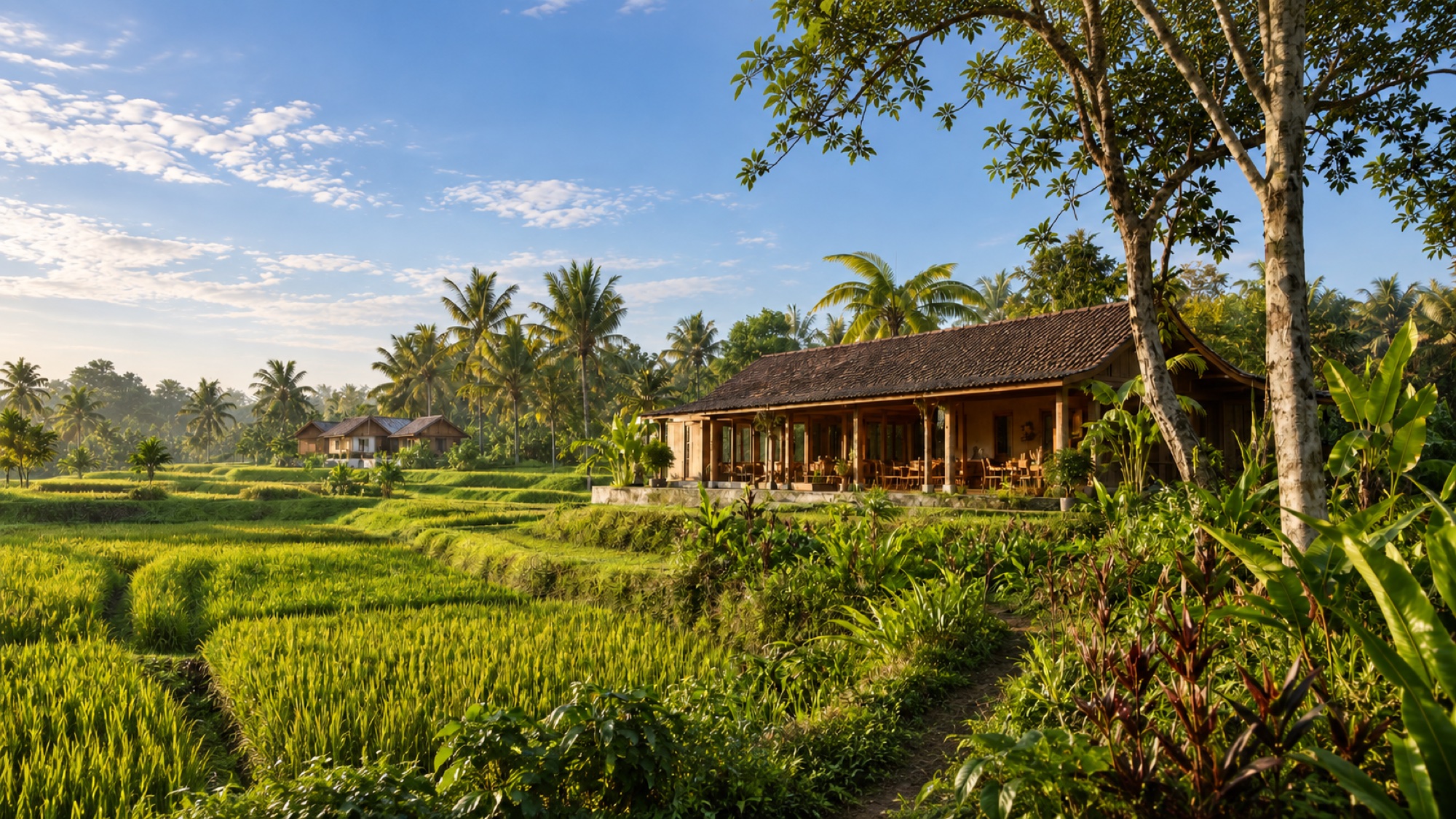 Sunlit rice fields, palms and a timber shared house — JOEWY farm concept.