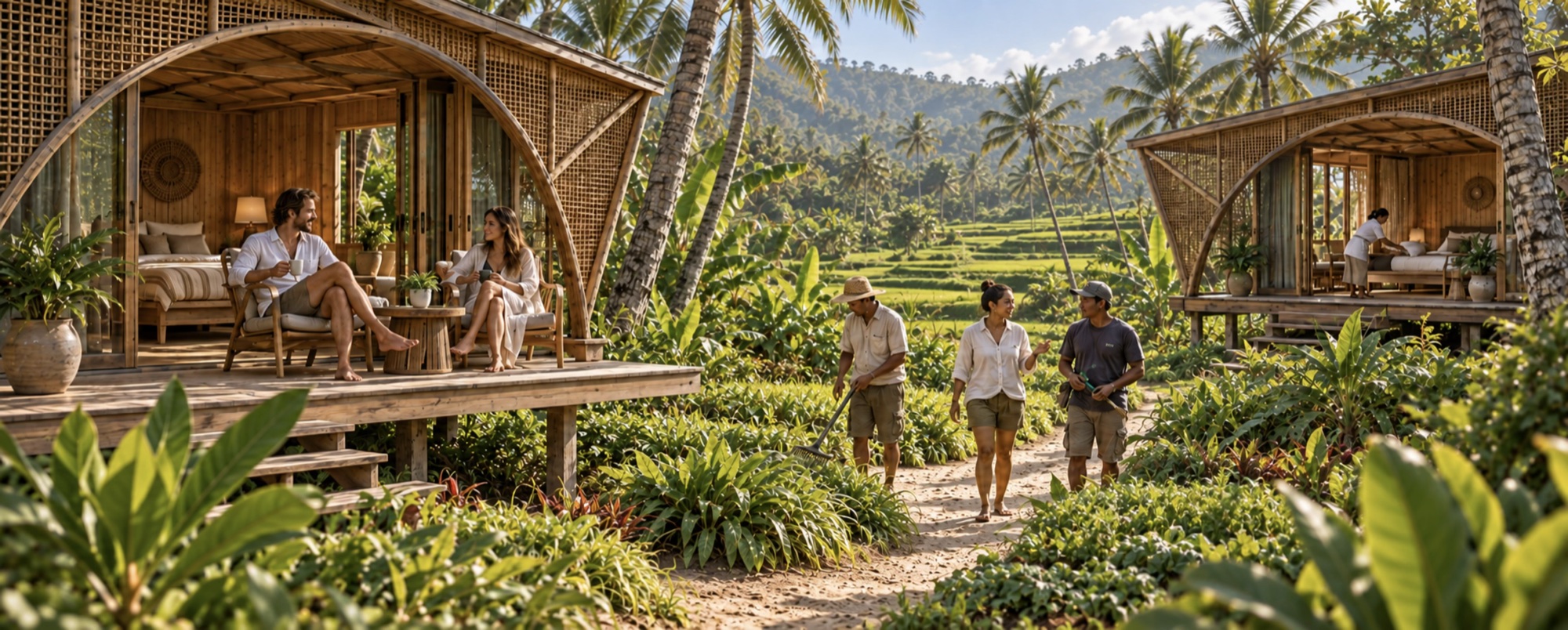 People chatting and tending tropical gardens between timber hideouts overlooking rice terraces.