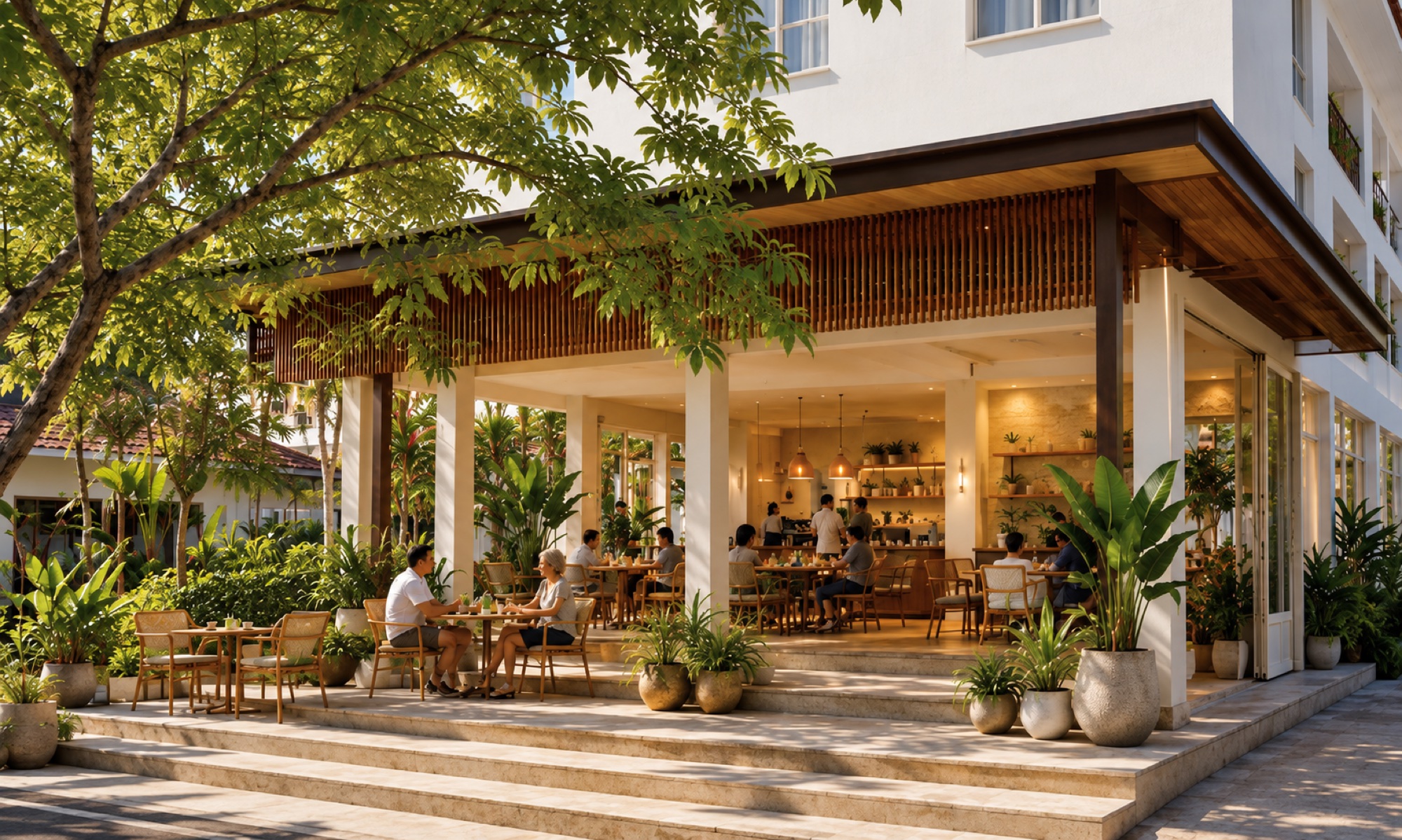 Arrival terrace concept with shaded outdoor tables, tropical planting and an open coffee corner