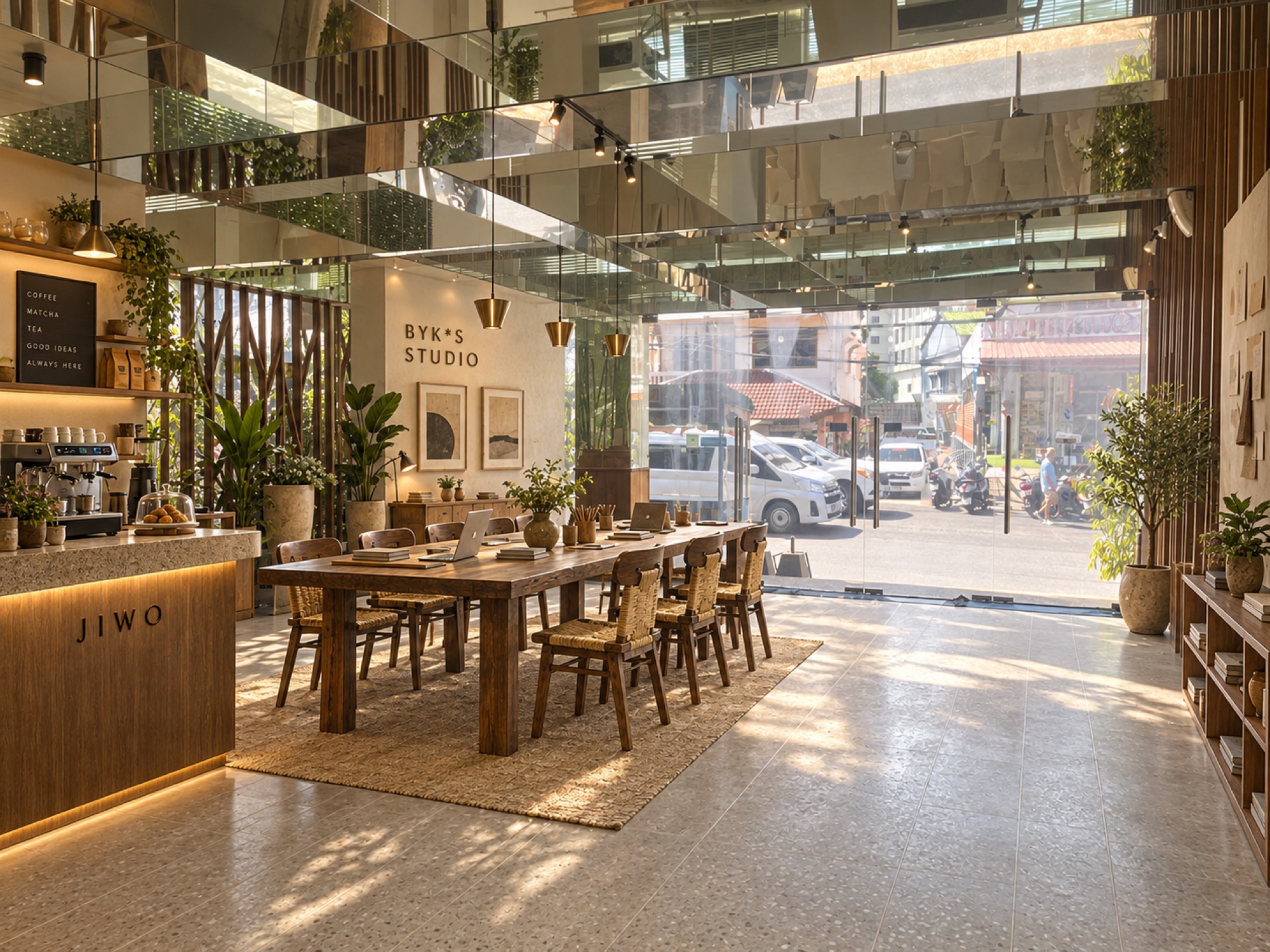 BYK*S studio concept with shared work tables and a JOEWY Café coffee corner
