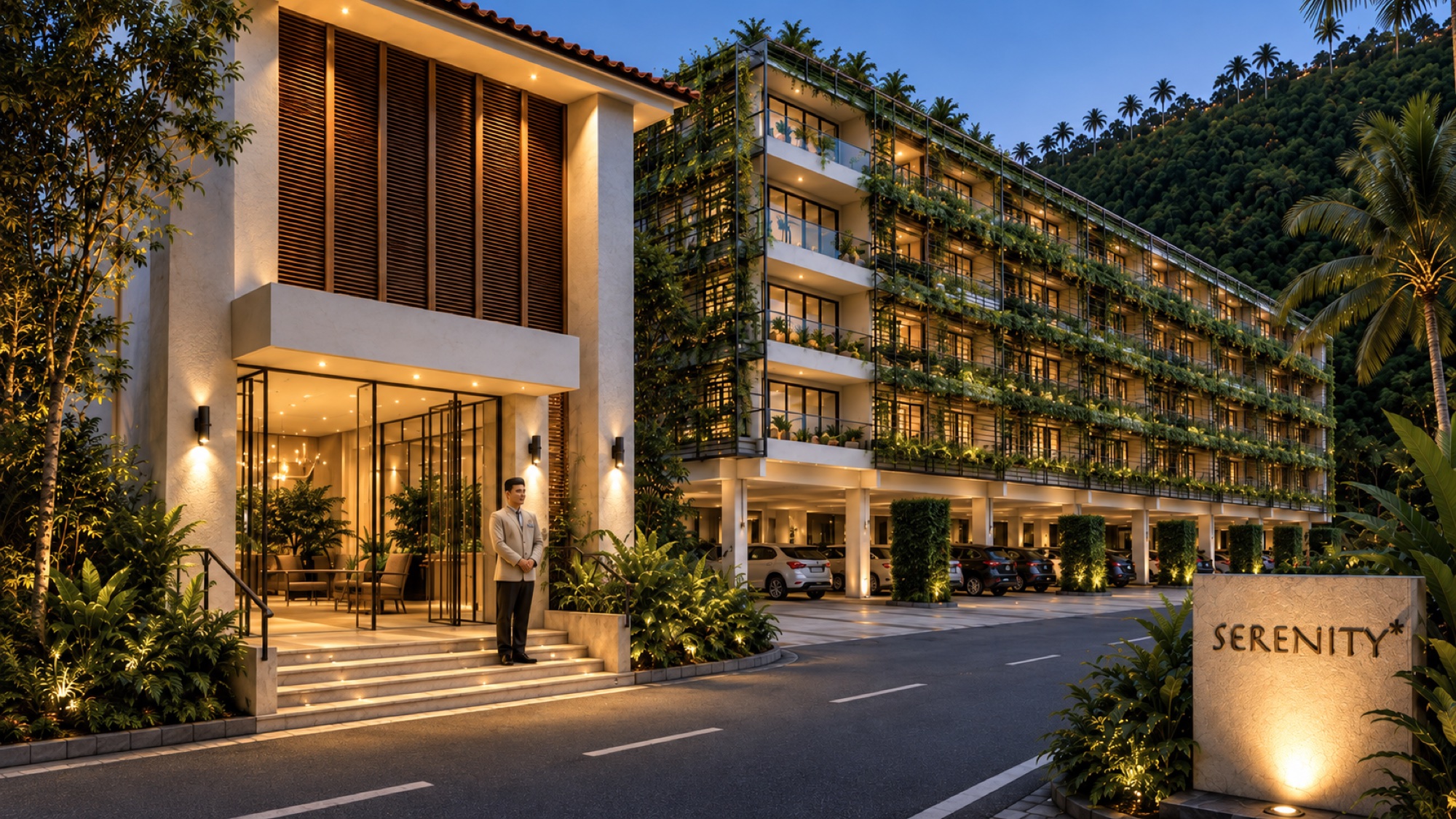 SERENITY* bedroom building entrance concept at dusk, with planted balconies and a branded stone sign