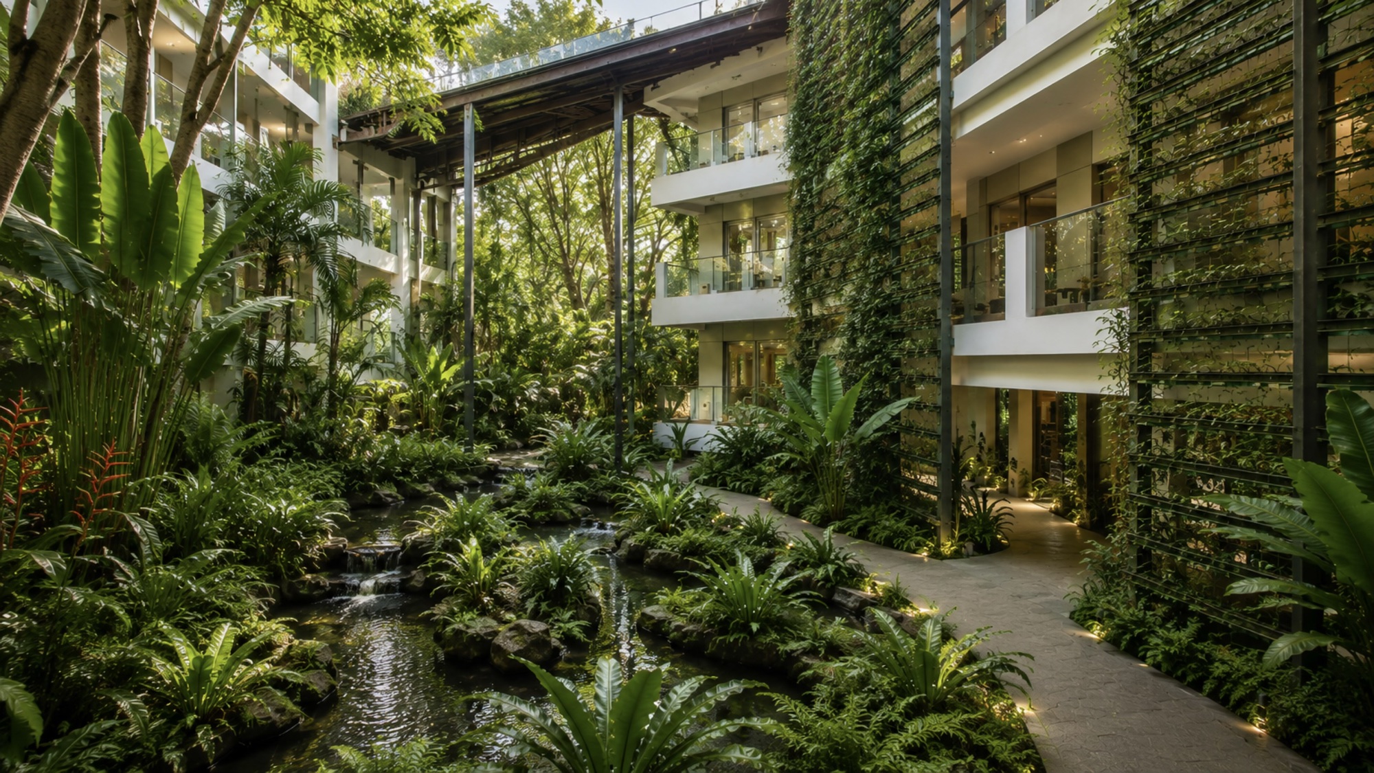 Lush planted courtyard with water, garden paths and green screens beside resort buildings