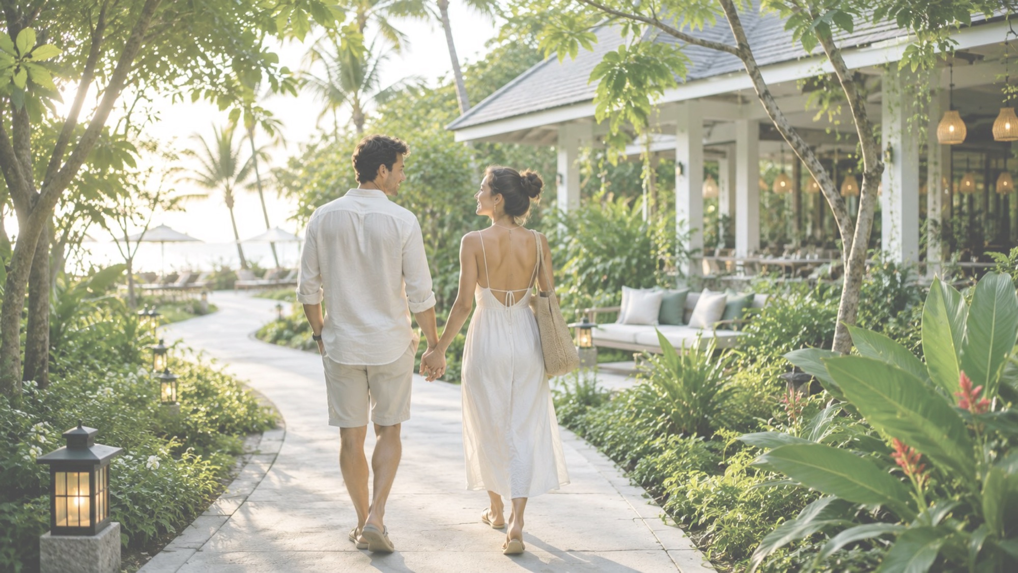 A couple walking through tropical gardens beside an open pavilion