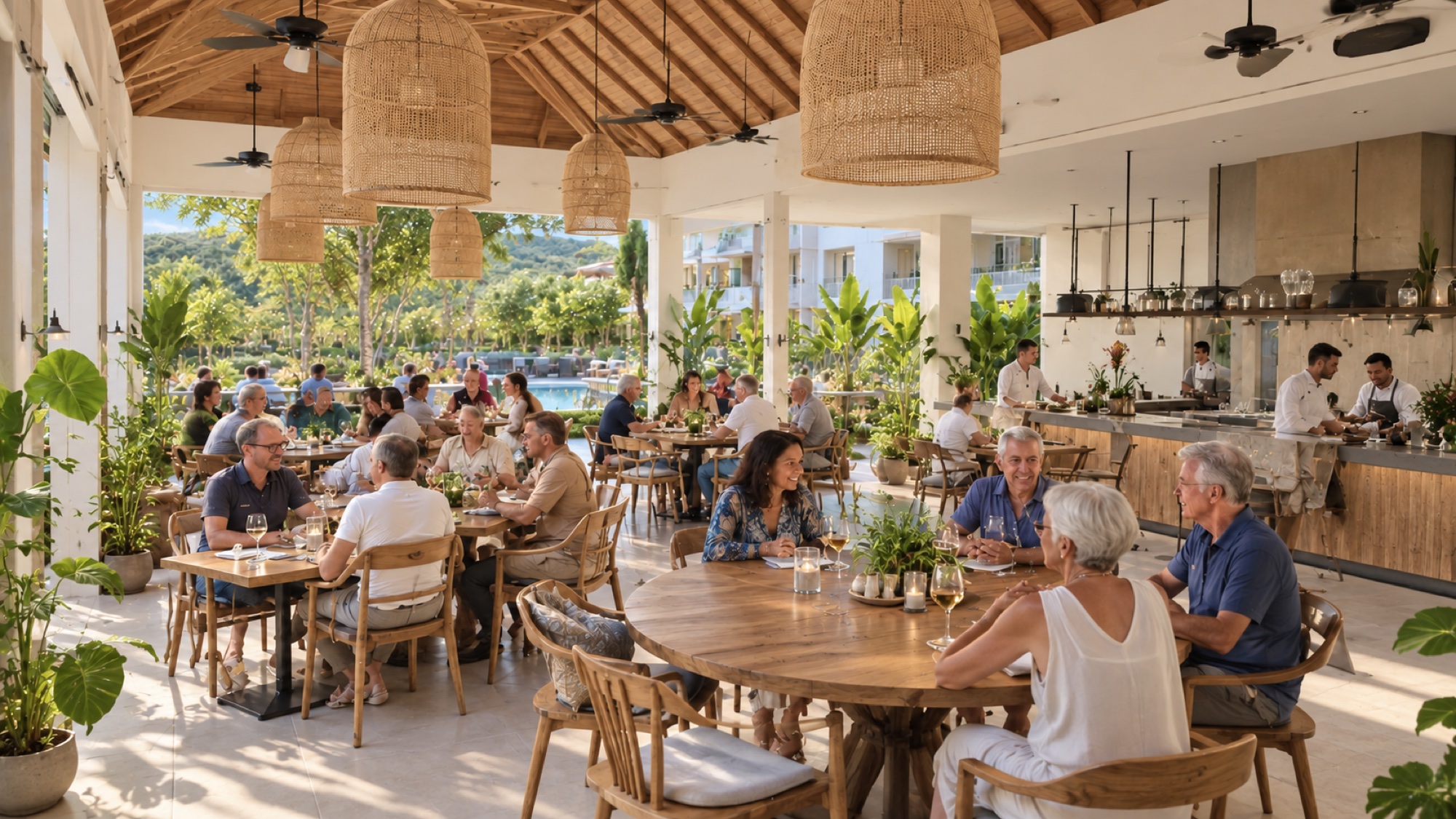 Guests sharing a relaxed afternoon meal in a bright open restaurant with tropical greenery
